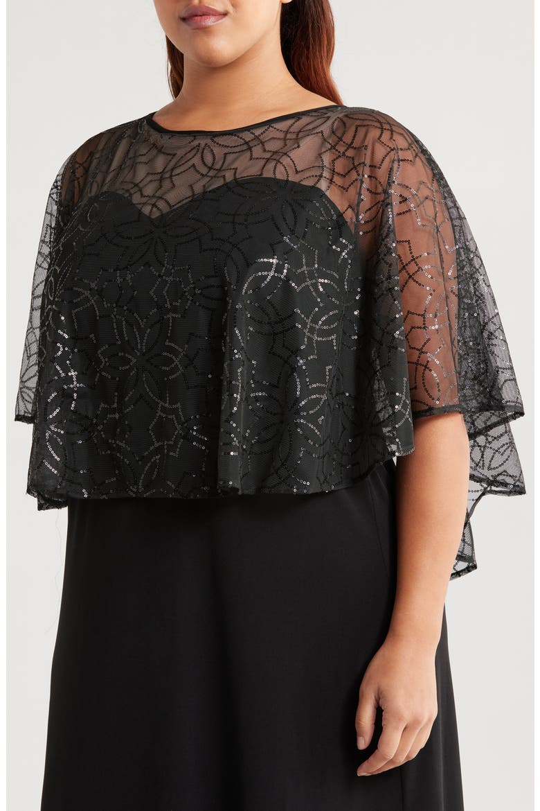Sequin Cape Gown, Alternate, color, BLACK
