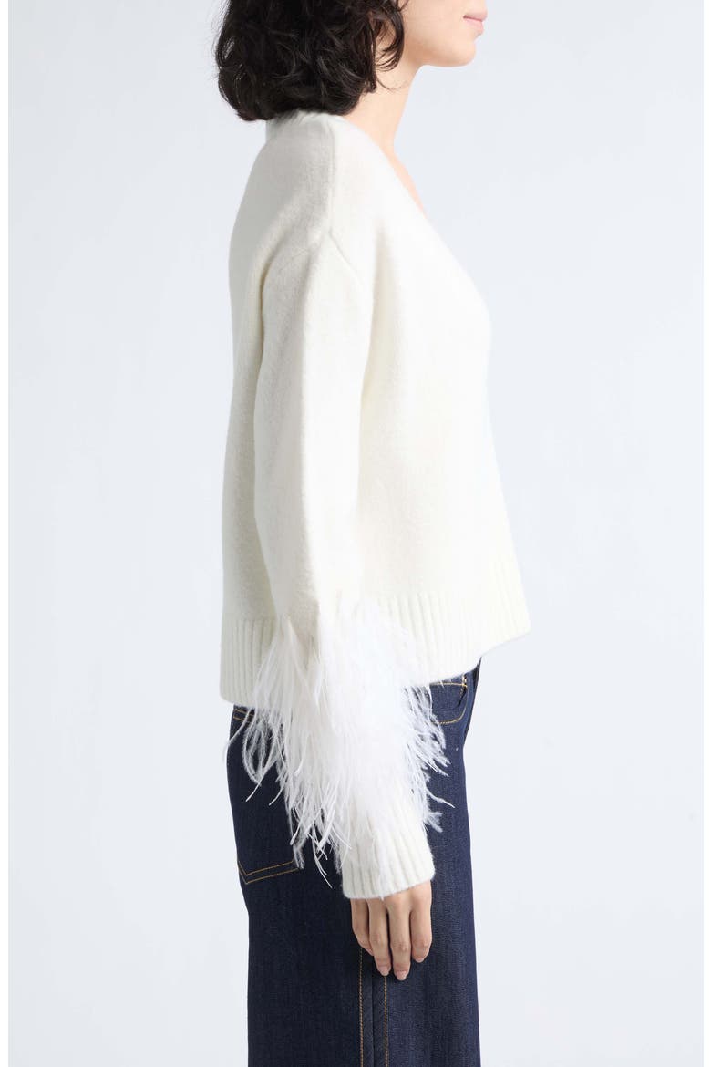 Brianne Ostrich Feather Cuff V-Neck Sweater, Alternate, color, IVORY