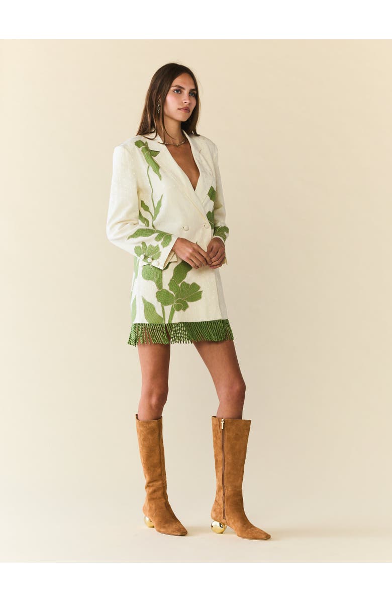 Eddy Alex Double Breasted Blazer Dress, Alternate, color, Ivory With Green Applique