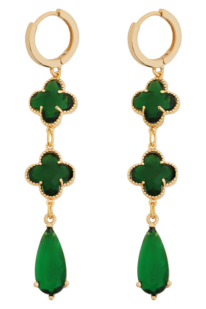 Crystal Clover & Teardrop Huggie Hoop Earrings, Main, color, GREEN