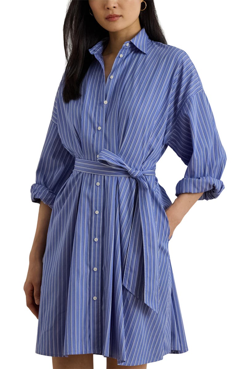 Lauren Ralph Lauren Yarn Dyed Broadcloth Cotton Long Sleeve Shirtdress, Alternate, color, Blue Multi