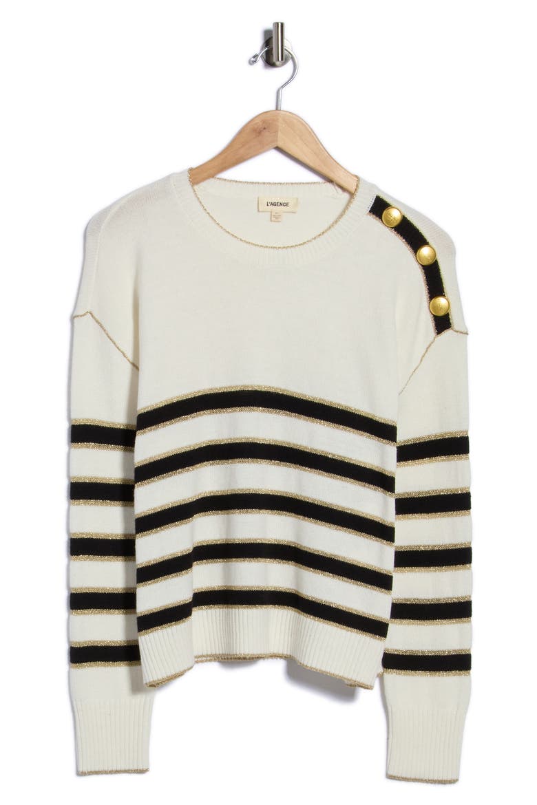 Bishop Striped Crewneck Sweater, Main, color, IVORY/ BLACK/ GOLD STRIPE