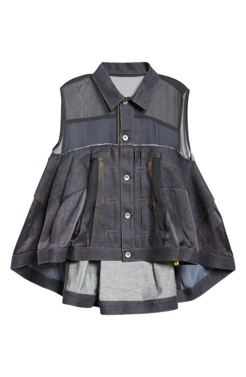 Sacai Sheer Panel Mixed Media Denim Shirt In Indigo