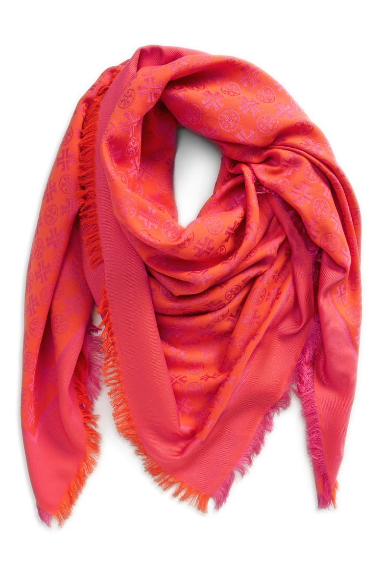 Logo Jacquard Cotton & Silk Travel Scarf, Main, color, BRIGHT FUCHSIA / ORANGE