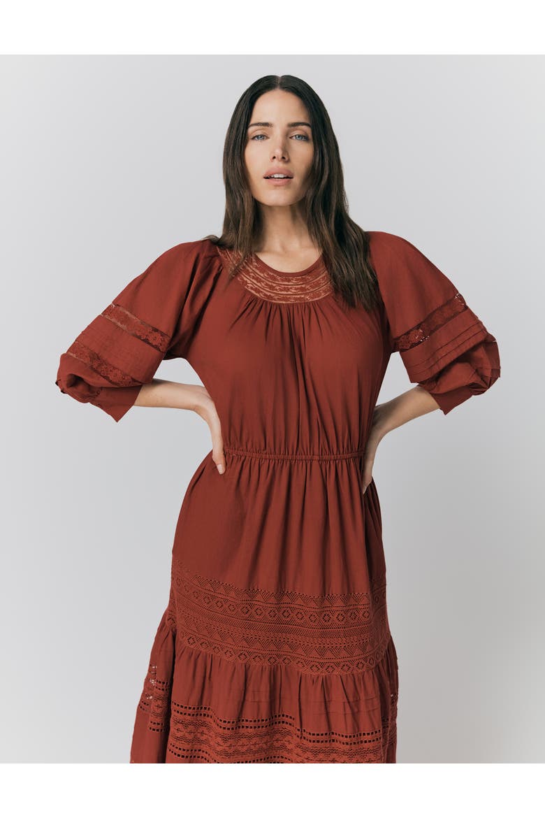 Leoni Lace Trim Cotton Midi Dress, Alternate, color, Burgundy