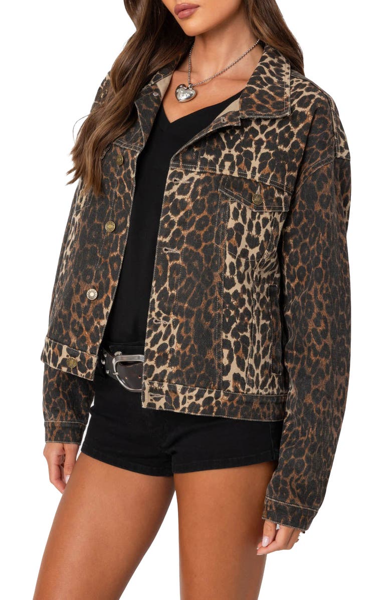 EDIKTED Leopard Print Denim Jacket, Alternate, color, Leopard