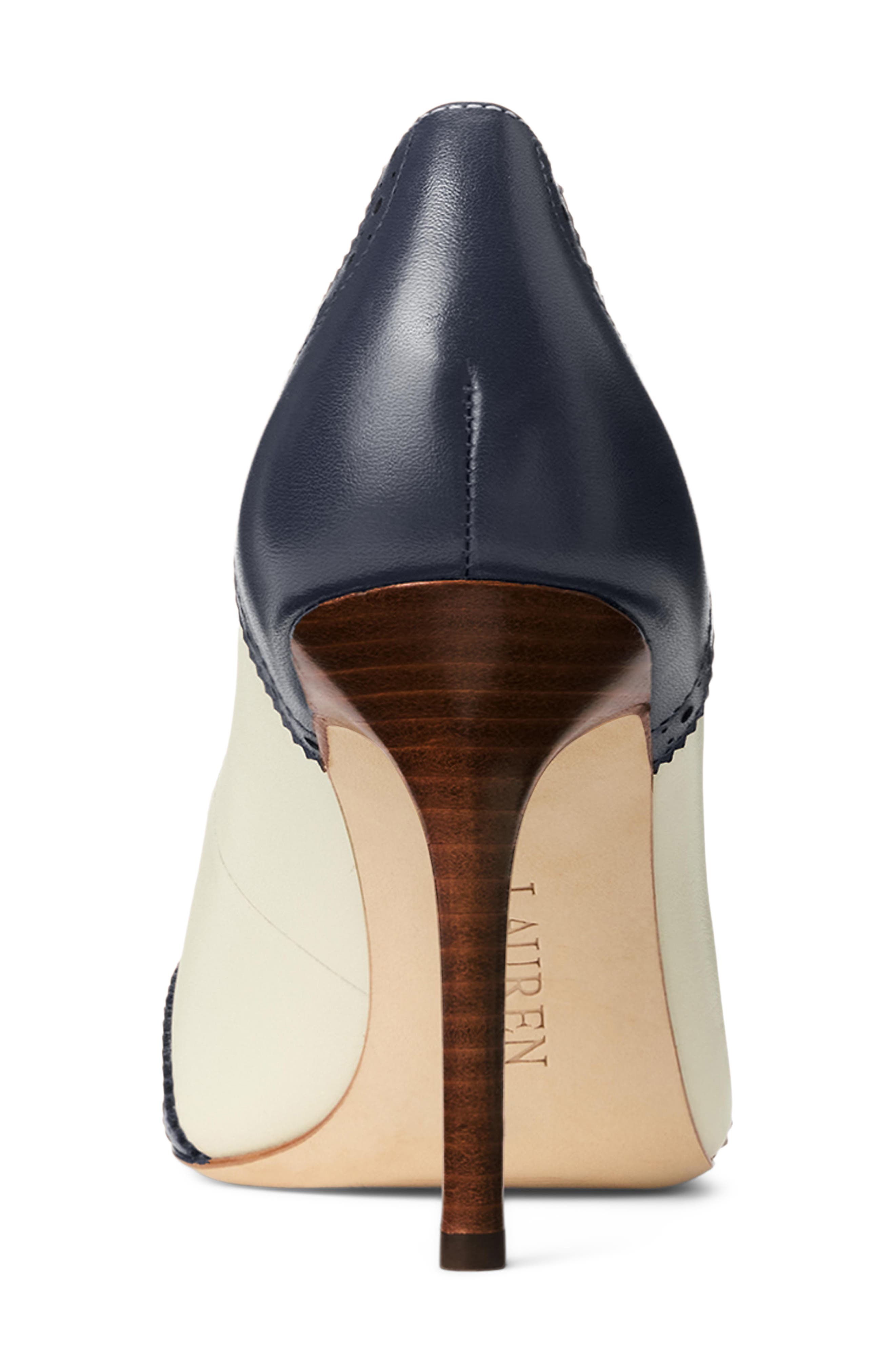 Ralph Lauren Lynden Perforated Pointed Toe Pump, Alternate, color, Vanilla/ Refined Navy