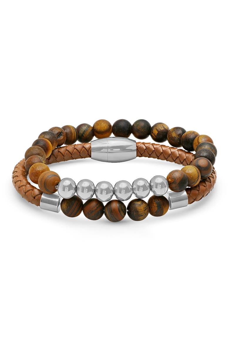 Men's Set of 2 Beaded & Braided Leather Bracelets, Main, color, SILVER/ BROWN