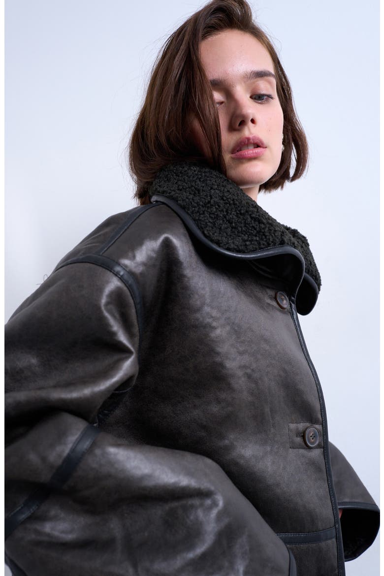Oversize Faux Leather Car Coat with Faux Shearling Lining, Alternate, color, BLACK
