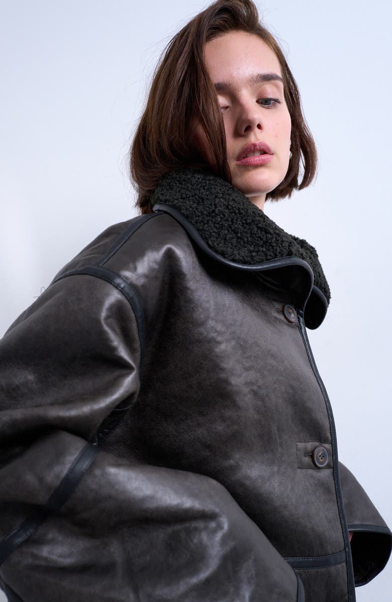 Topshop Oversize Faux Leather Car Coat with Faux Shearling Lining, Alternate, color, Black