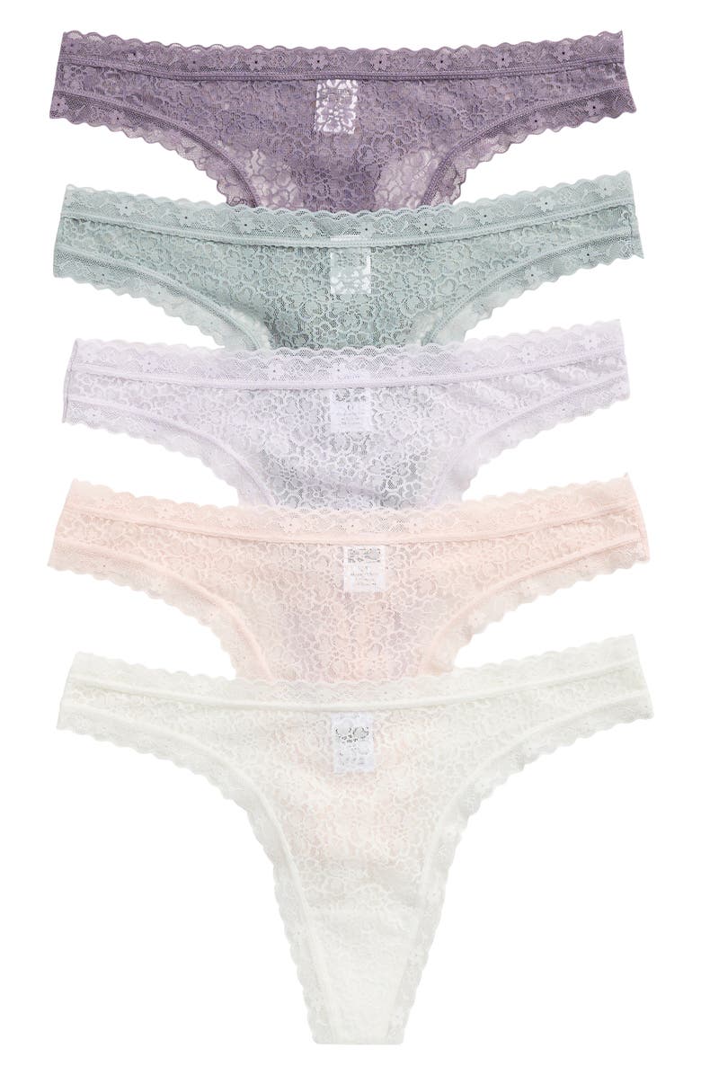 NORDSTROM RACK Assorted 5-Pack Lace Thongs, Alternate, color, Grey Blue- Pink Multi