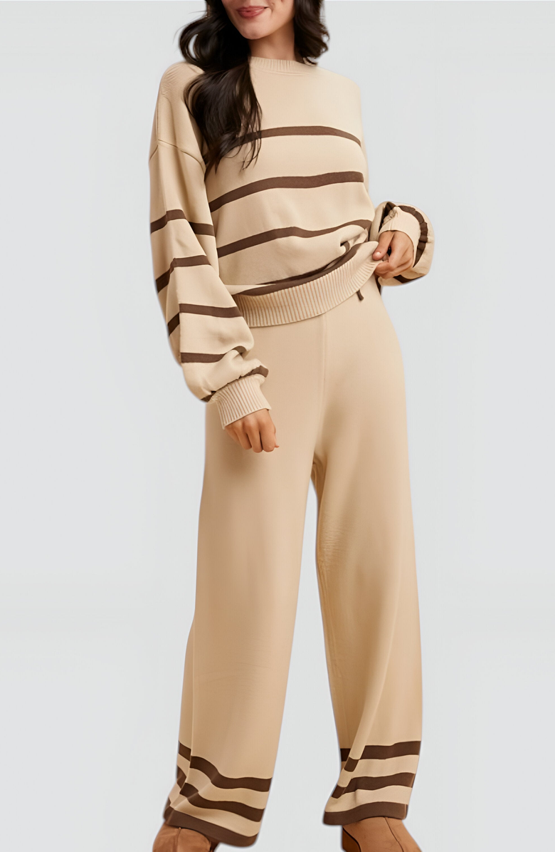 Modenaire Cozy Striped Sweater and Wide-Leg Pants Lounge Set, Alternate, color, 