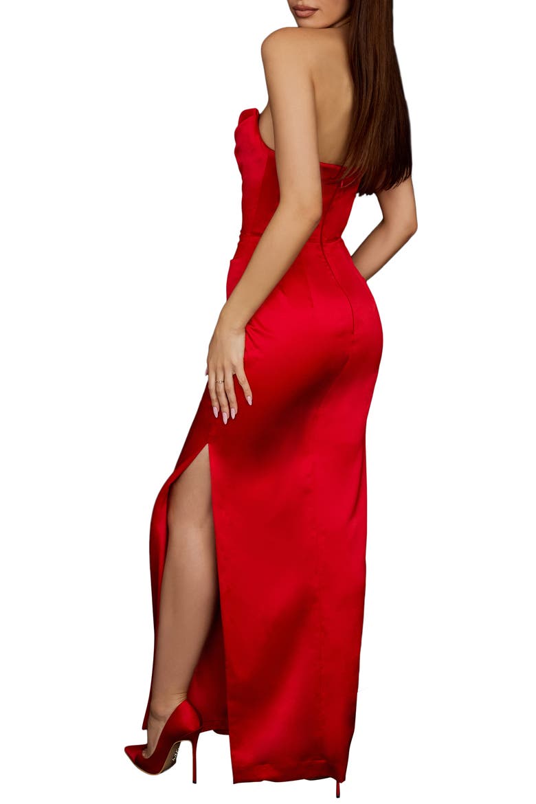 Adrienne Gathered Satin Strapless Gown, Alternate, color, SCARLET