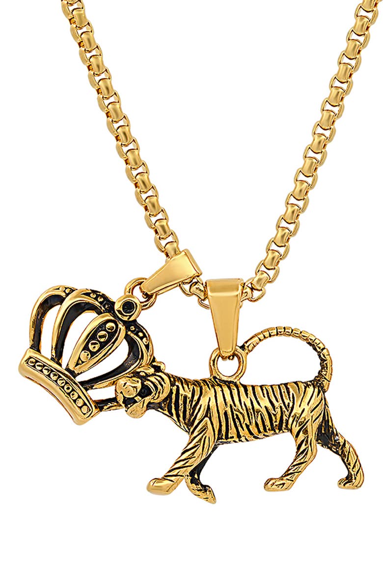 HMY JEWELRY 18k Gold-Plated Stainless Steel Tiger King Pendant Necklace, Main, color, Yellow