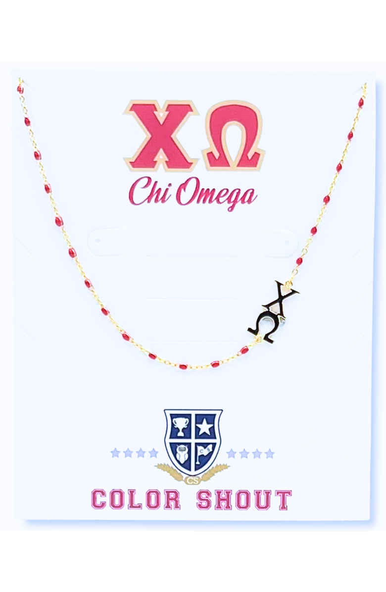 Color Shout Chi Omega Greek Letter Side Set Necklace, Main, color, Yellow Gold
