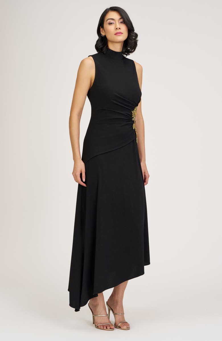 JS Collections Andrea Beaded Floral Detail Asymmetric Hem Gown, Alternate, color, Black