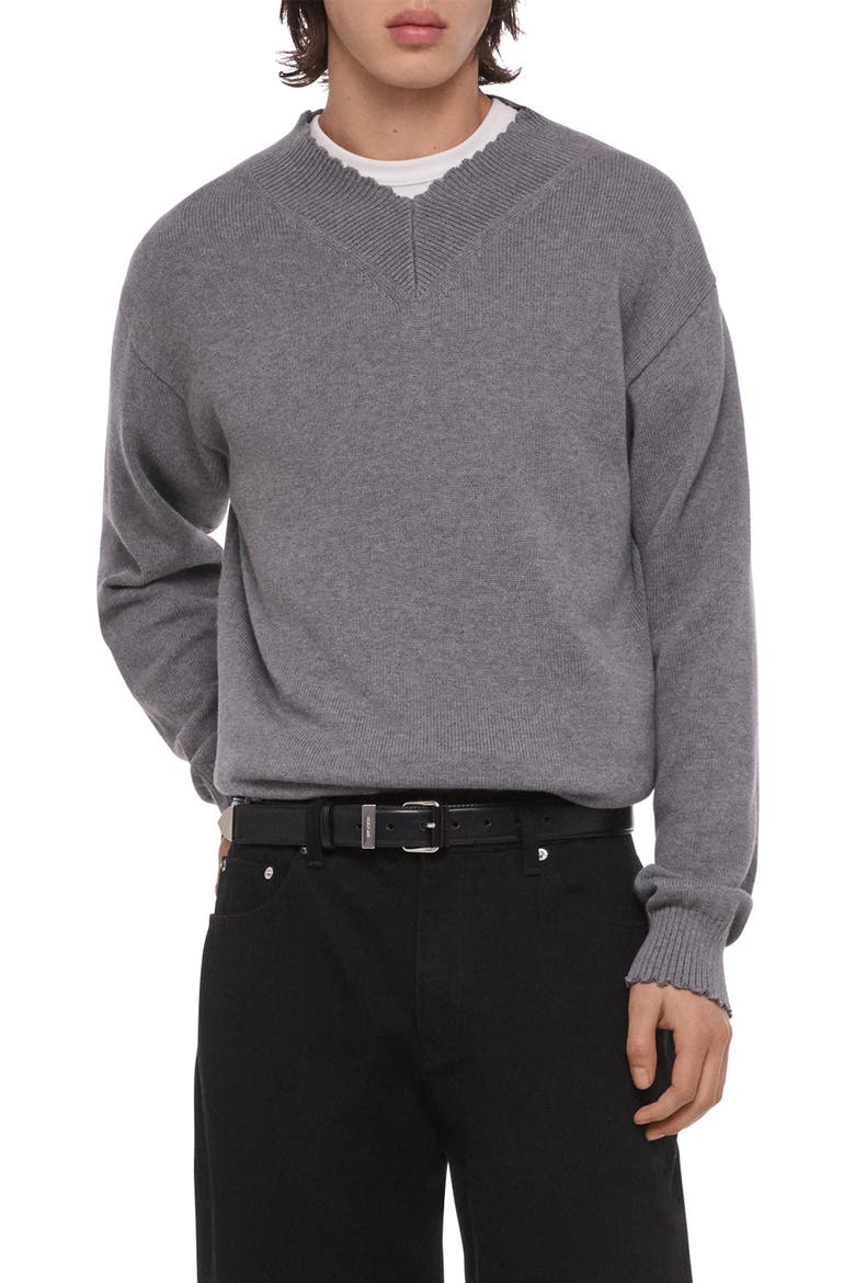 Distressed V-Neck Cotton Sweater, Main, color, GREY MELANGE