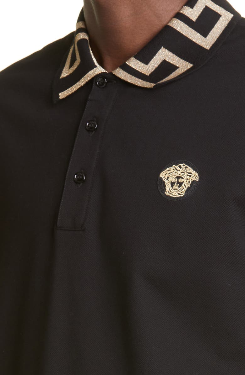 Versace Greco Collar Cotton Piqué Polo, Alternate, color, Black