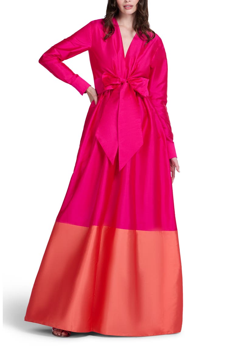 Colorblock Long Sleeve Taffeta Gown, Alternate, color, WATERMELON / CORAL