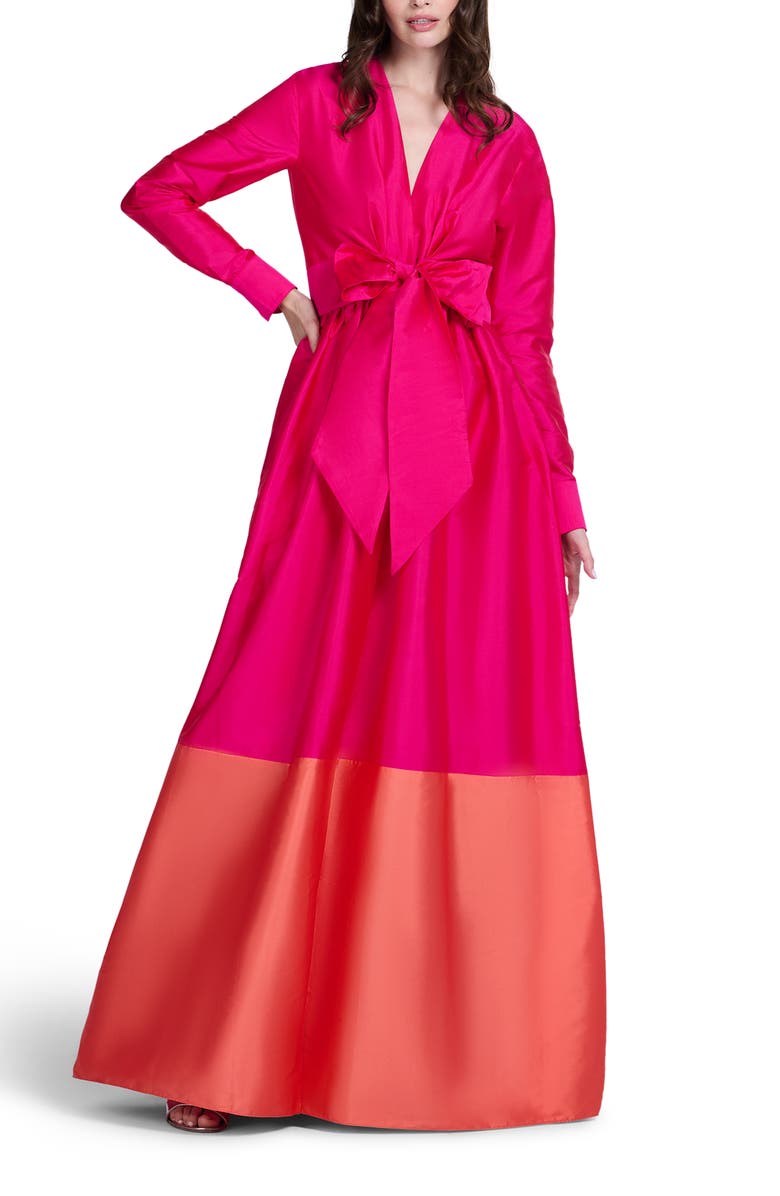 EMILY SHALANT Colorblock Long Sleeve Taffeta Gown, Alternate, color, Watermelon / Coral