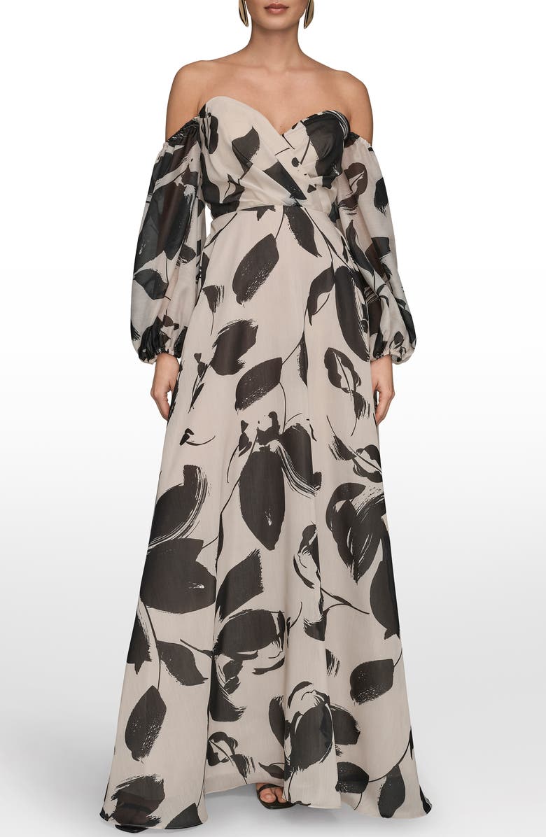 Donna Karan New York Floral Off the Shoulder Long Sleeve Gown, Main, color, Black/ Vellum