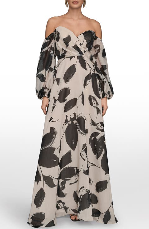 Floral Off the Shoulder Long Sleeve Gown