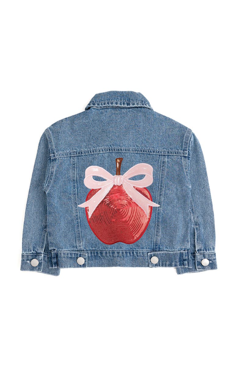 Sweet Wink Apple Bow Sequin Patch Denim Jacket, Main, color, Denim
