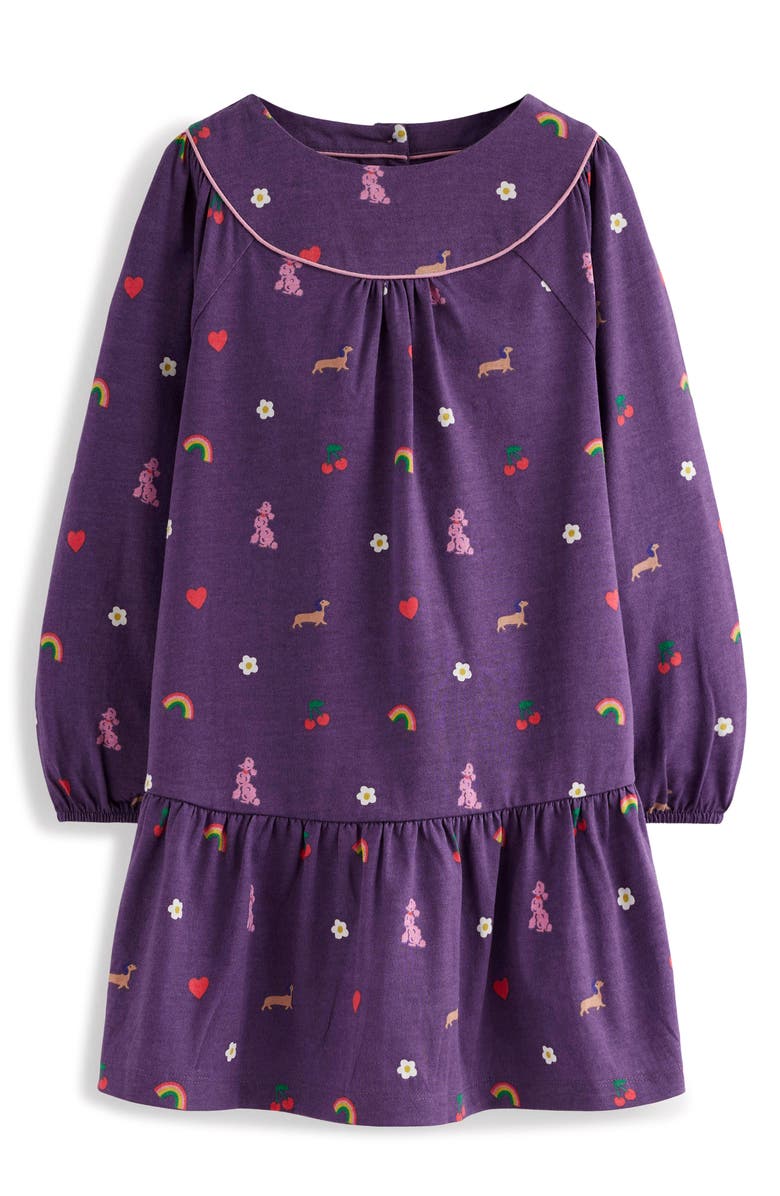 Mini Boden Kids' Curved Yoke Long Sleeve Cotton Jersey Dress, Main, color, Mystic Purple Parisian