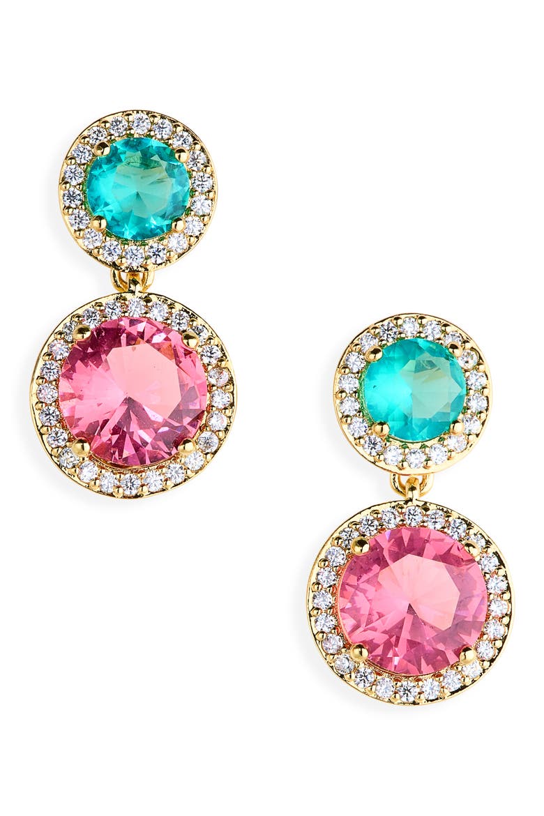 Round Halo Drop Earrings, Main, color, GOLD