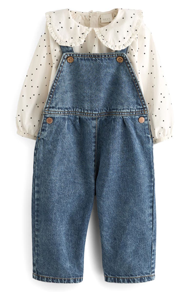 NEXT Kids' Peter Pan Collar Polka Dot Top & Denim Overalls Set, Main, color,