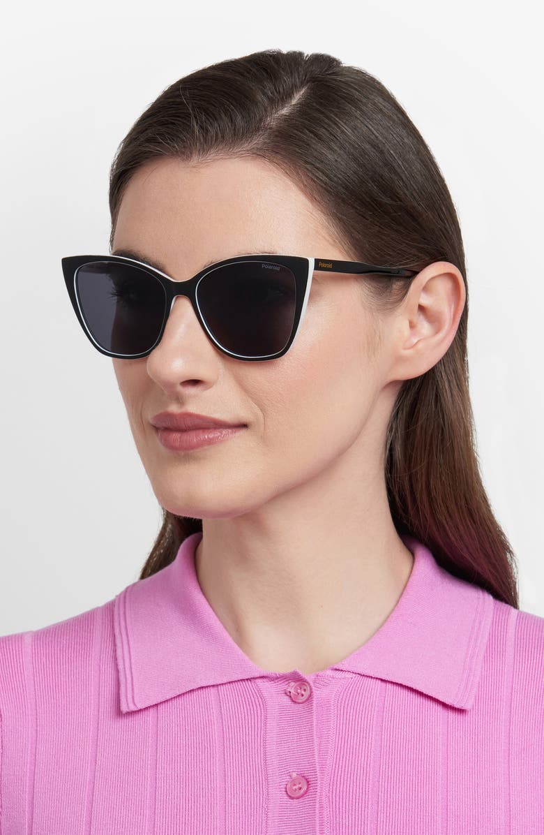 Polaroid 56mm Polarized Cat Eye Sunglasses, Alternate, color, Black White/ Grey Polar