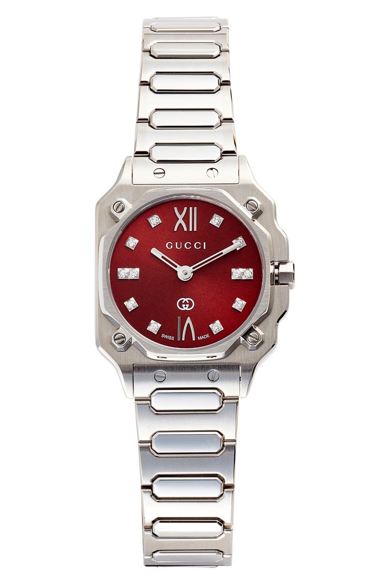 G-Flat Diamond Bracelet Watch, 24mm, Main, color, SILVER/RED