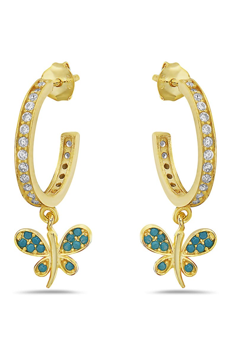 BEST SILVER 18K Gold Plated Sterling Silver Crystal Blue Dragonfly Charm Earrings, Main, color,