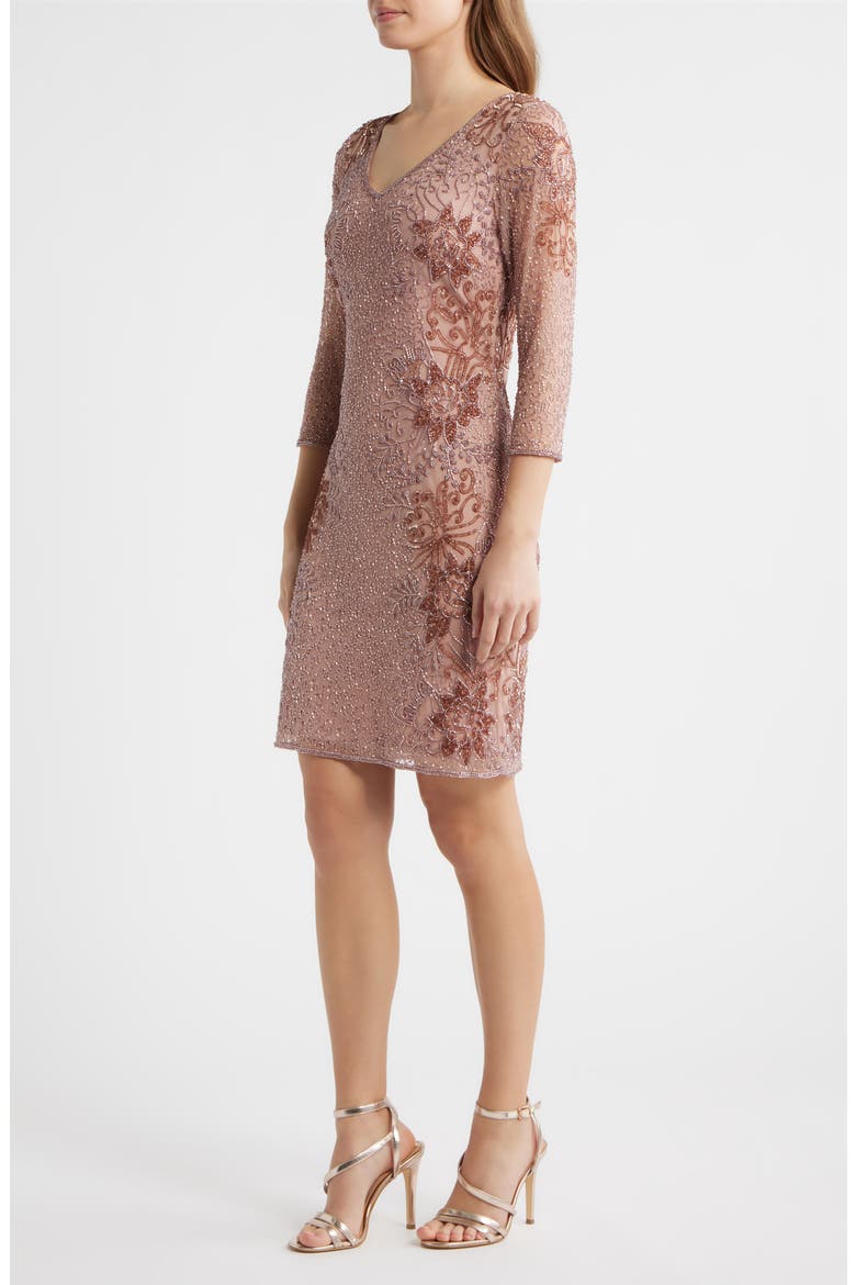 Beaded V-Neck Cocktail Dress, Alternate, color, DUSTY ROSE