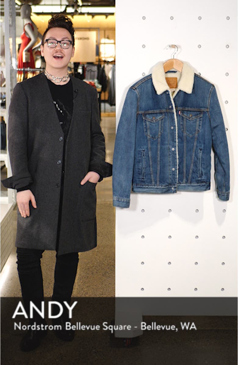 Faux Shearling Trim Denim Trucker Jacket, sales video thumbnail