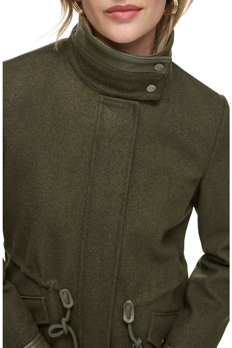Feather Leather Trim Wool Blend Coat, Alternate, color, ARTICHOKE