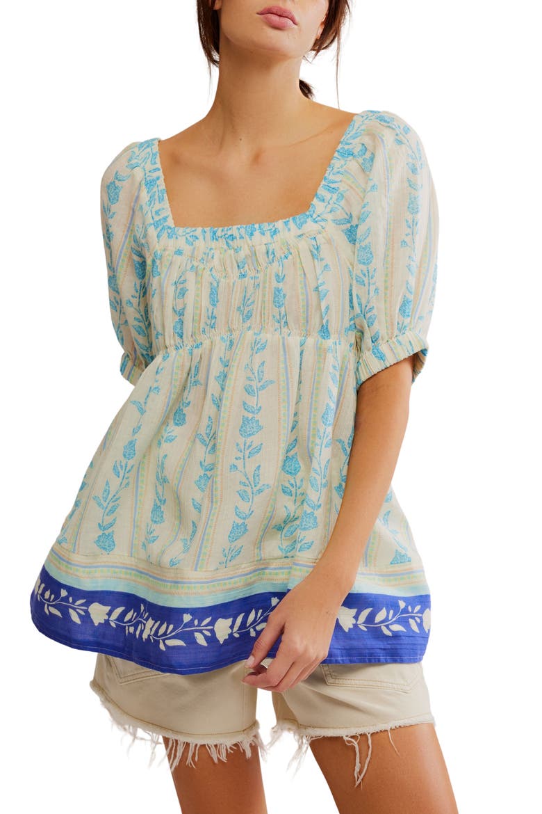 Santorini Print Embroidered Puff Sleeve Tunic Top, Main, color, IVORY SAIL COMBO
