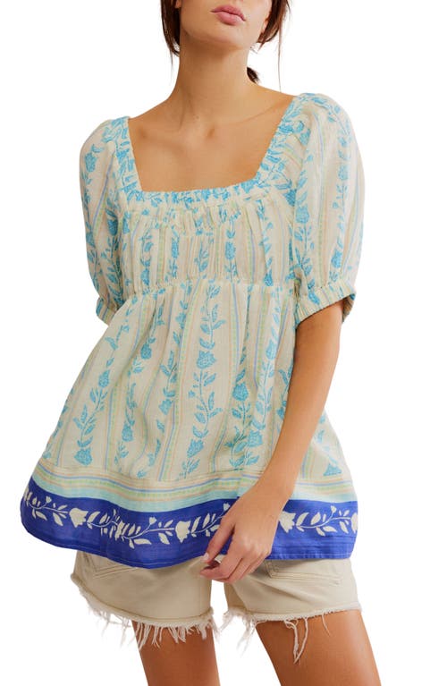 Free People Santorini Print Embroidered Puff Sleeve Tunic Top In Ivory Sail Combo