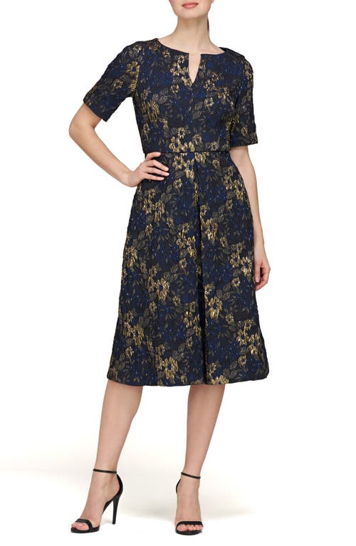 JS Collections Florence Jacquard Cocktail Dress in Deep Navy /Gold 