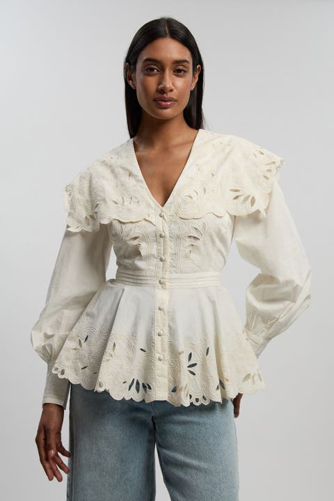 Cutwork Detail V-Neck Peplum Blouse