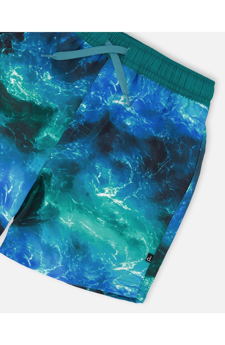 Deux par Deux Above the Knee Elastic Waist Dinosaur Waves Trunks, Alternate, color, Blue Waves Print
