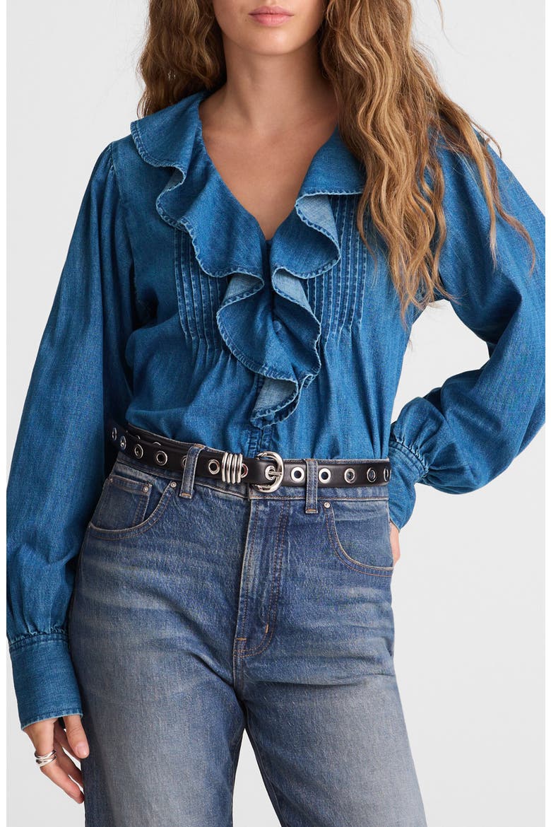 Ruffle Pintuck Long Sleeve Denim Top, Main, color, LAMBERTVILLE WASH