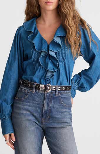 Madewell Ruffle Pintuck Long Sleeve Denim Top