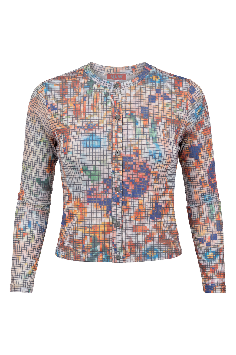 Printed Pique Cardigan - 94% Polyester, 6% Spandex, Long Sleeve, Alternate, color, Multi Color