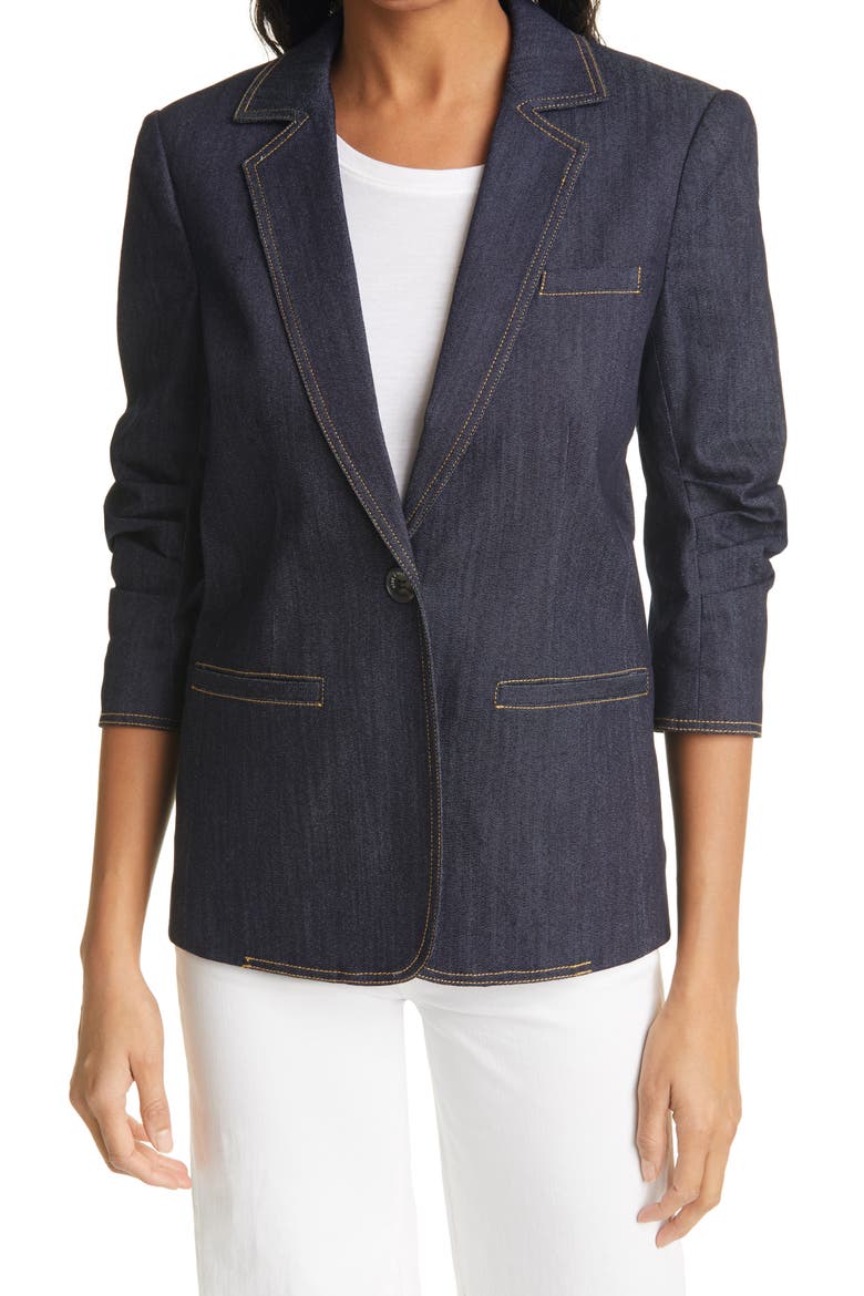 Khloe Ruched Sleeve Denim Blazer, Main, color, INDIGO