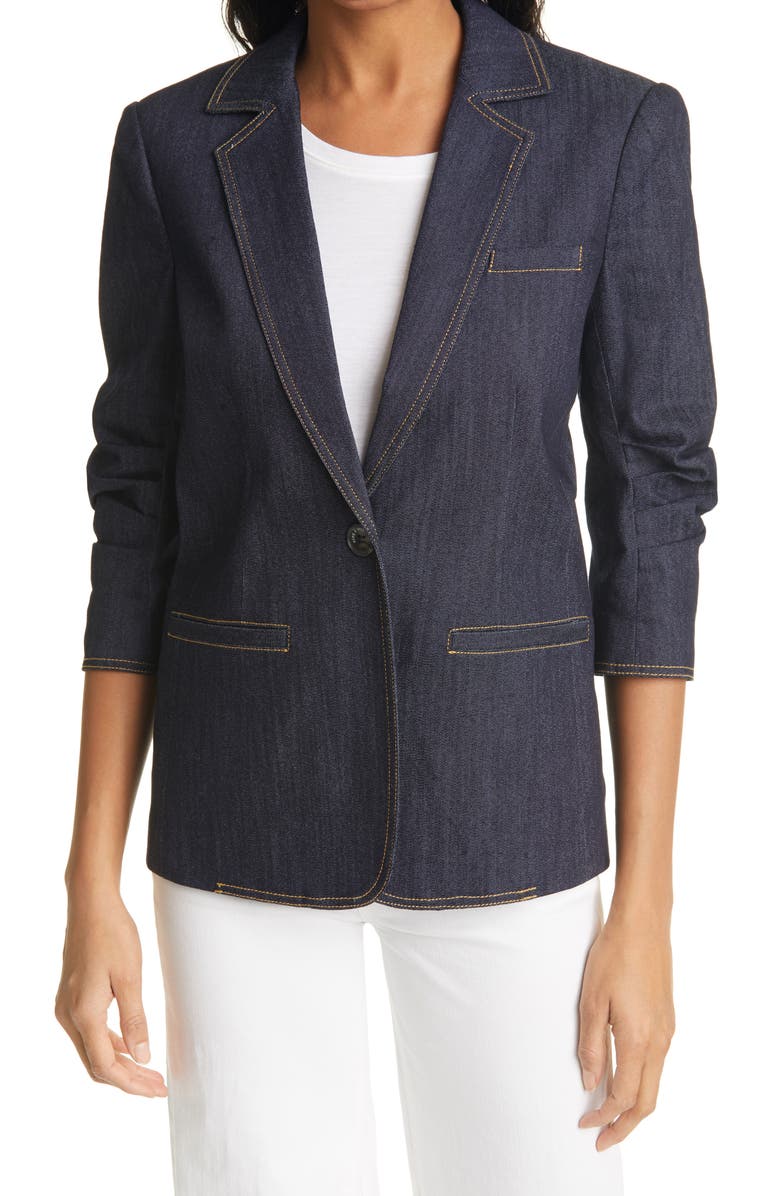 Cinq à Sept Khloe Ruched Sleeve Denim Blazer, Main, color, Indigo
