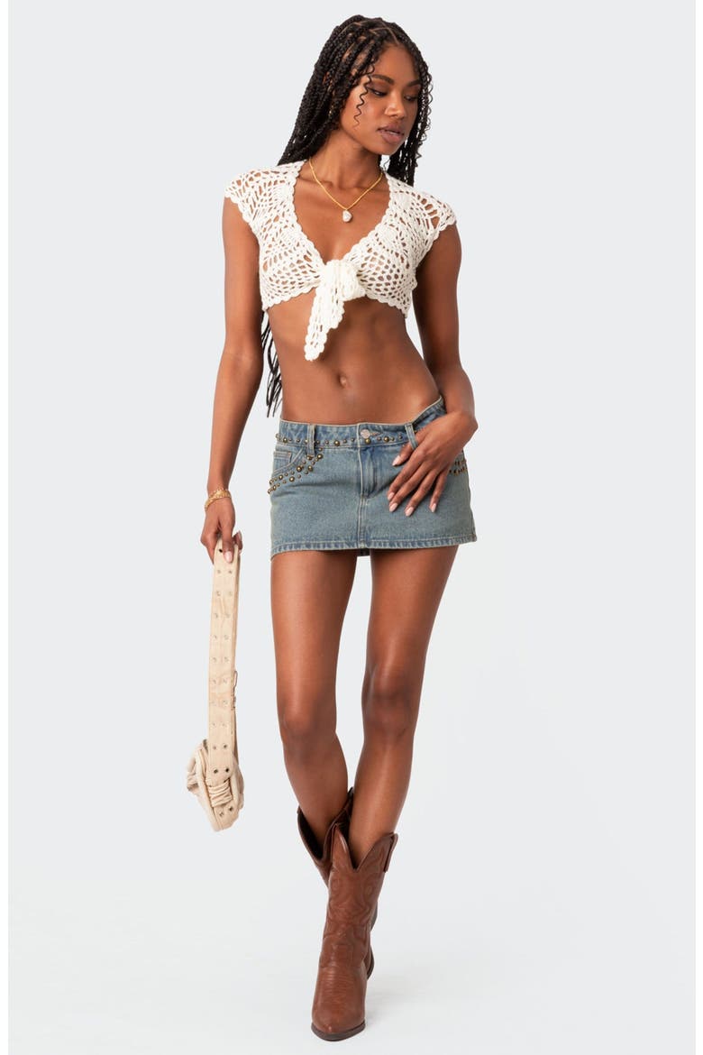 Rocco Tie Front Crochet Crop Top, Alternate, color, CREAM