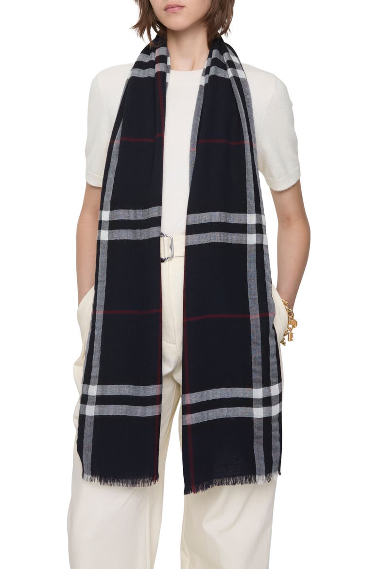 Giant Check Lightweight Wool Scarf, Alternate, color, INK BLUE