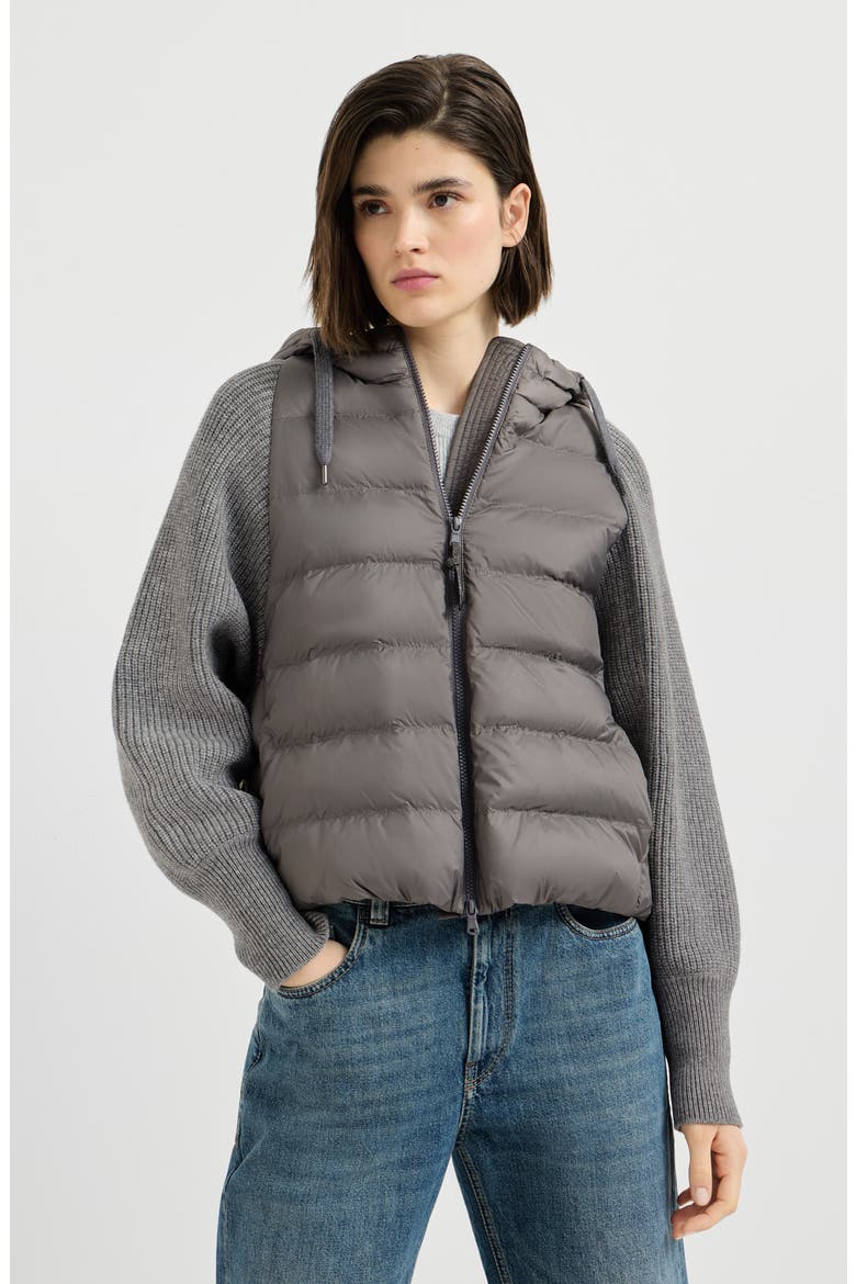 Water-resistant matte nylon hooded down jacket with monili and sleeves in virgin wool, cashmere and silk knit, Main, color, Medium Grey