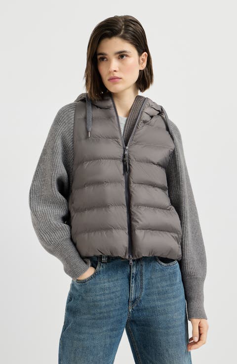 Water-resistant matte nylon hooded down jacket with monili and sleeves in virgin wool, cashmere and silk knit
